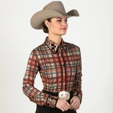 New! Women's Royal Highness COPPER BLING PLAID SHOW SHIRT w Zipper front 3 SIZES
