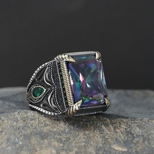 Handmade 925 Sterling Silver Men's Square Mystic Topaz Ring 16g US 6-25