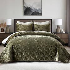 Luxury Velvet Quilt Set King Size Bedding, King 106"x96" 03-2 Olive Green