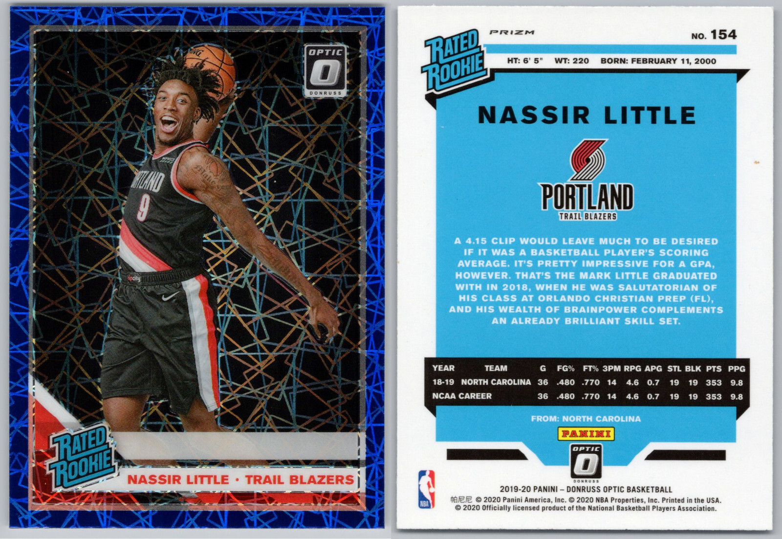 2019-20 Donruss Optic Rated Rookie Blue Velocity Holo #154 Nassir Little RC