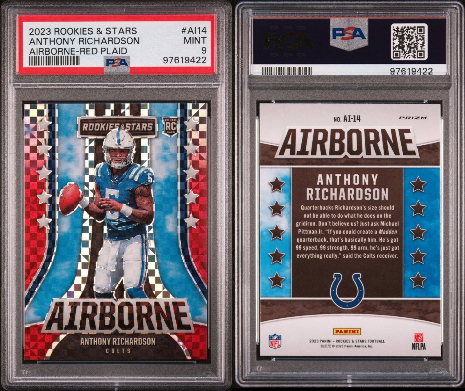 2023 Rookies & Stars Anthony Richardson AI14 Airborne-Red Plaid PSA Mint 9
