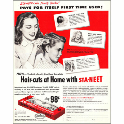 1948 Sta-Neet: Family Barber, Hair Cuts at Home Vintage Print Ad