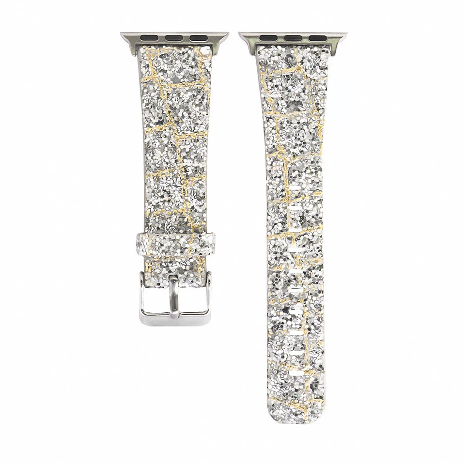 Correa de reloj de cuero plateada brillante para Apple Watch Series SE 6 5 4 3 2 1 Foto 2 de 4