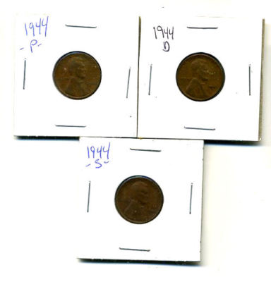 1944 P,D,S WHEAT PENNIES LINCOLN CENTS CIRCULATED 2X2 FLIPS 3 COIN PDS SET#3561