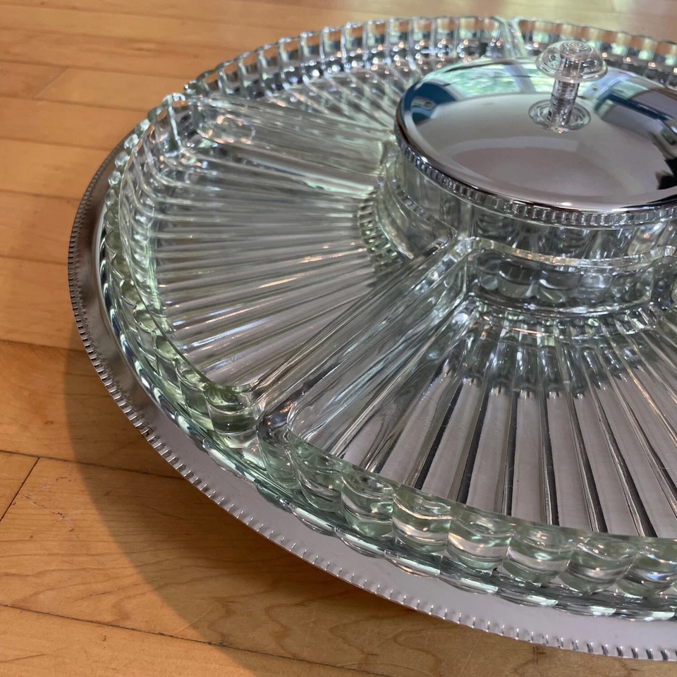 Vintage Royal Chrome Mid Century Chrome Stainless And Glass Lazy Susan 8 Pcs 15" - Image 4 of 4