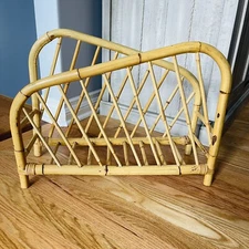 Bamboo Cane Rattan Wood Slanted Magazine Record Rack Cottage Core MCM Boho Vtg