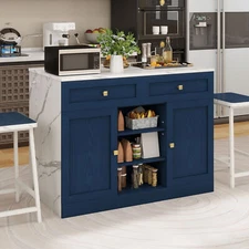 Large Kitchen Island Set with 2 Bar Stools with Storage & Seating Power Outlet