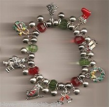 Christmas BRACELET 022 Tree, Bells etc Beaded Stretch Charm Bracelet No Clasp