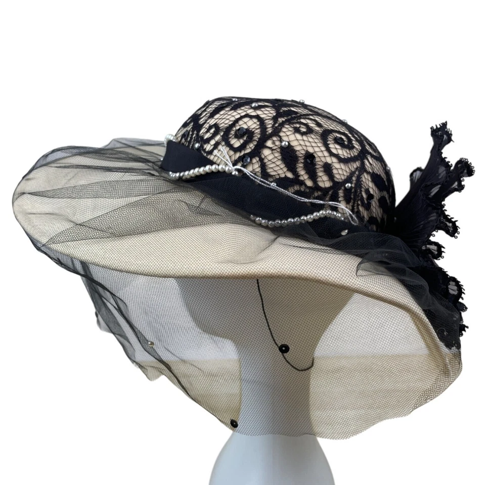 Whittall & Shon Vintage Black Lace & Pearls Wide Brim Hat Netting Floral Accent - Image 4 of 4