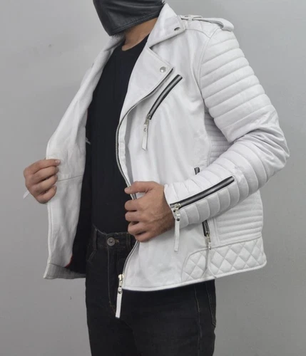 BOMBER BIKER New Men's White Silver Zipper Jacket Soft Lambskin Moto BikerJacket - product listing photo