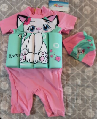 NWT Girls Swim Trainer With Swim Cap* Lycra Short Sleeve/short Pants/one Piece.