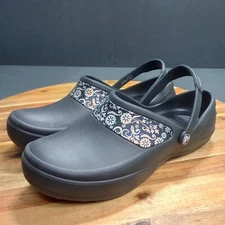 Crocs Mercy Womens Size 11 Slingback Nurse Black Work Slip On Floral Clogs 10876
