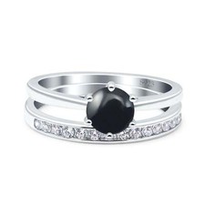 Two Piece Eternity Natural Black Onyx Wedding Round Ring 925 Sterling Silver