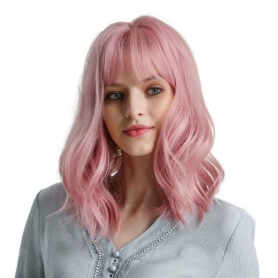 Modische rosa weibliche gewellte Bob Perücke Synthetik Hitzebeständig Anime Kostüm Perücken
