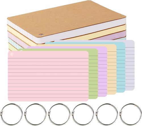 6 Pack 360 Pcs Lined Index Cards 5 X 8" Assorted Colored Flash with Ring Note
