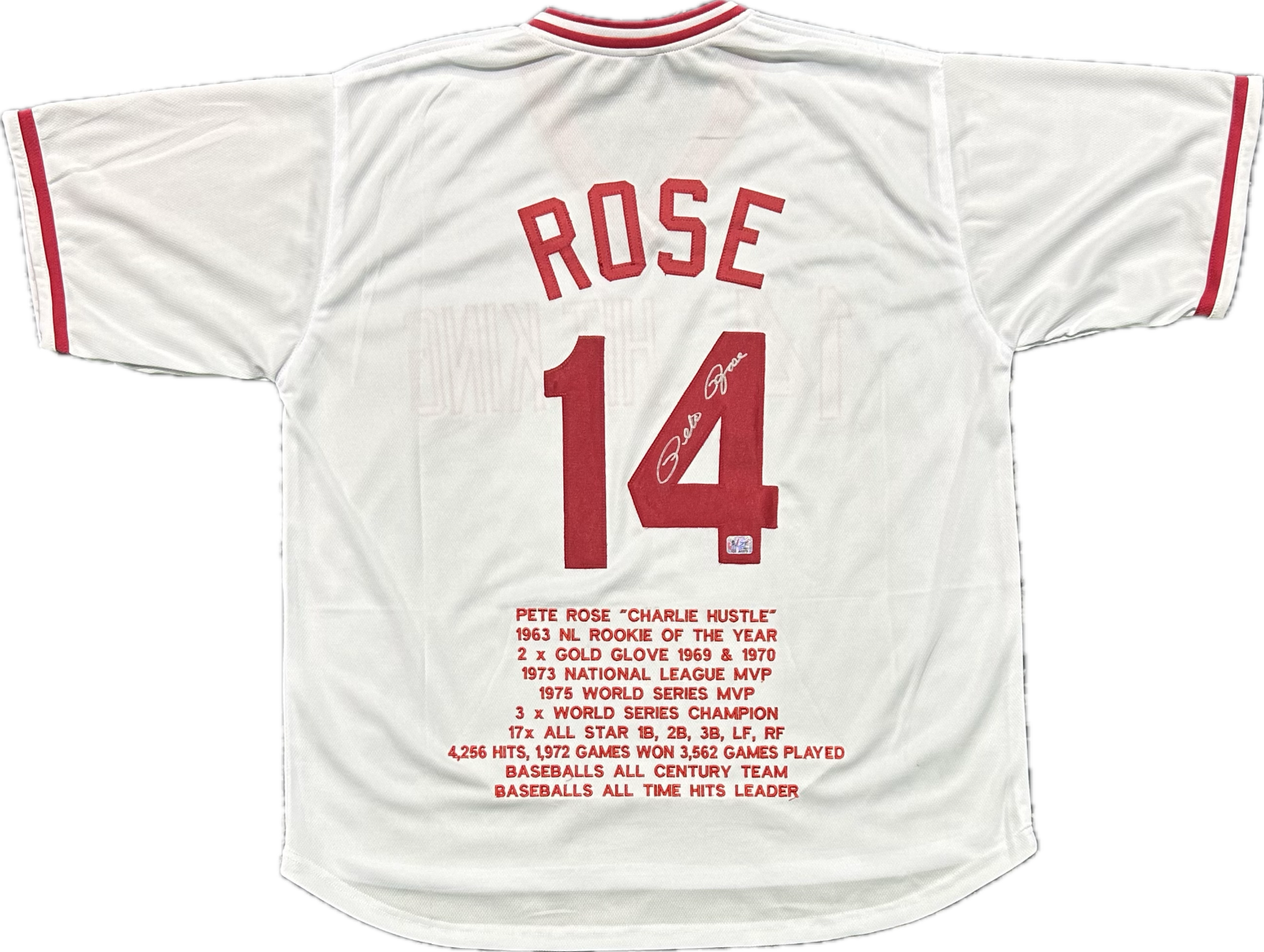Pete Rose Autographed Signed White Stats Jersey Exclusive Hologram 