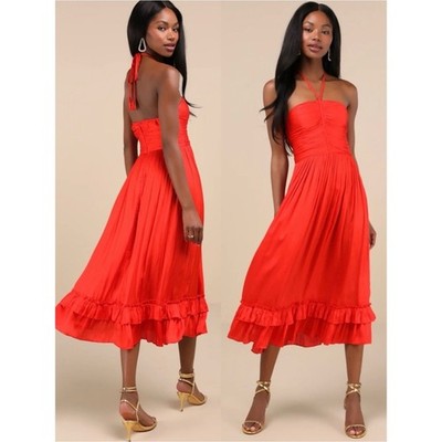 NWT Lulu s Pleasing Chicness Red Satin Halter Tiered Midi Dress Small Party Chic