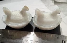 Pair Vintage Milk Glass Mini Hen Nest Covered Salt Trinkets Westmoreland? AS IS