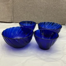 Four Pieces Of Cobalt Blue France Produced Serve Ware. 2 Berry Bowls And 2 Cups