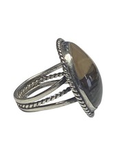 Sterling Silver Large Round Brown Banded Agate Stone Ring, Size 5.5