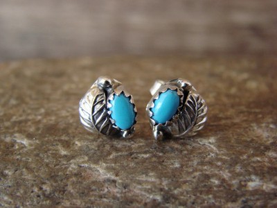 Navajo Sterling Silver Feather Turquoise Post Earrings by Joe
