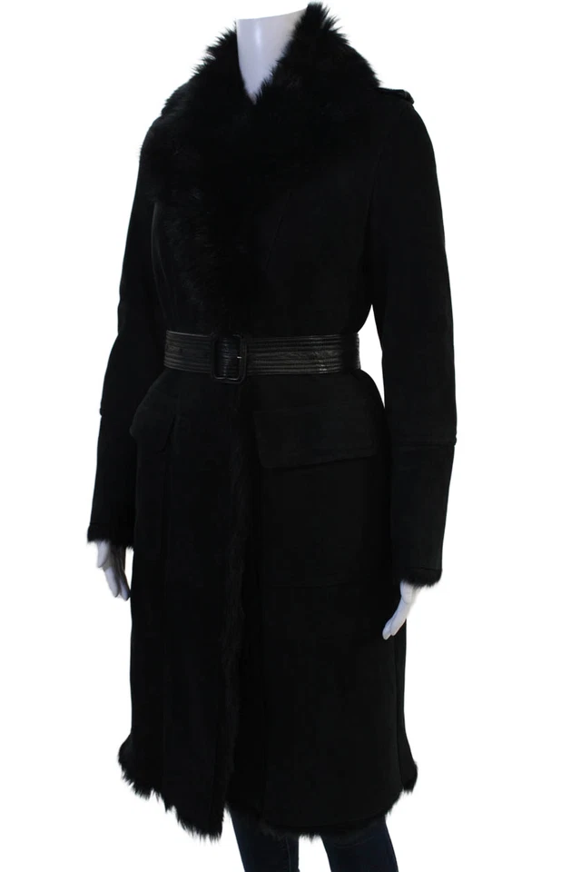 Trench coat Burberry London feminino couro preto com cinto shearling tamanho 6 - Imagem 3 de 4