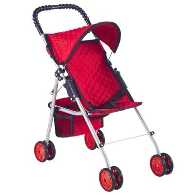 The New York Doll Collection My First Doll Stroller w/ Basket, Red Quilted, Fold