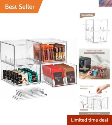 4 PCS Clear Stackable Storage Drawers with Adjustable Dividers, 6 Compartment...