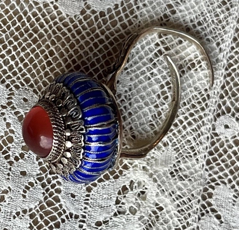 Anillo de filigrana cornalina Art Deco chino antiguo raro TLC COMO ESTÁ Foto 4 de 4
