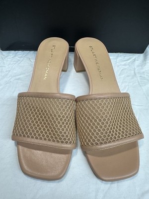 Stuart Weitzman Mesh Honeycomb Block Heel Slip-On Beige Slide Sandals Women