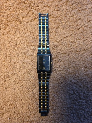Vintage Seiko Quartz Rectangular Watch Black Gold Two-Tone Date Keeping Japan