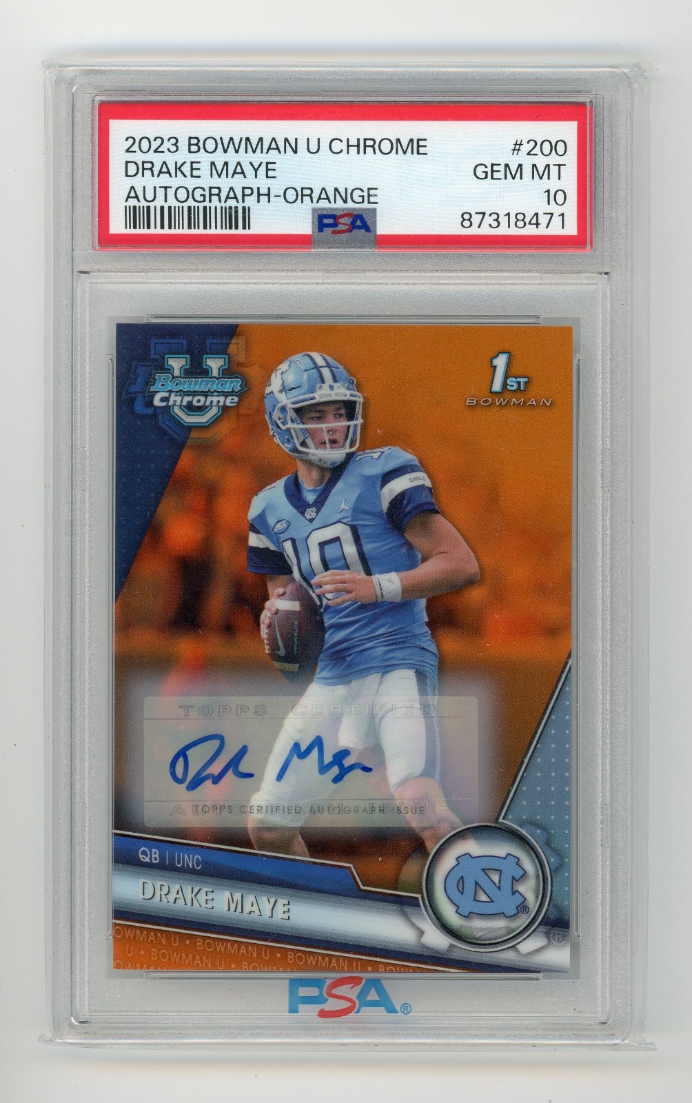 PSA 10 - 2023 Bowman U Chrome DRAKE MAYE 1st Bowman Orange Auto #d 01/25