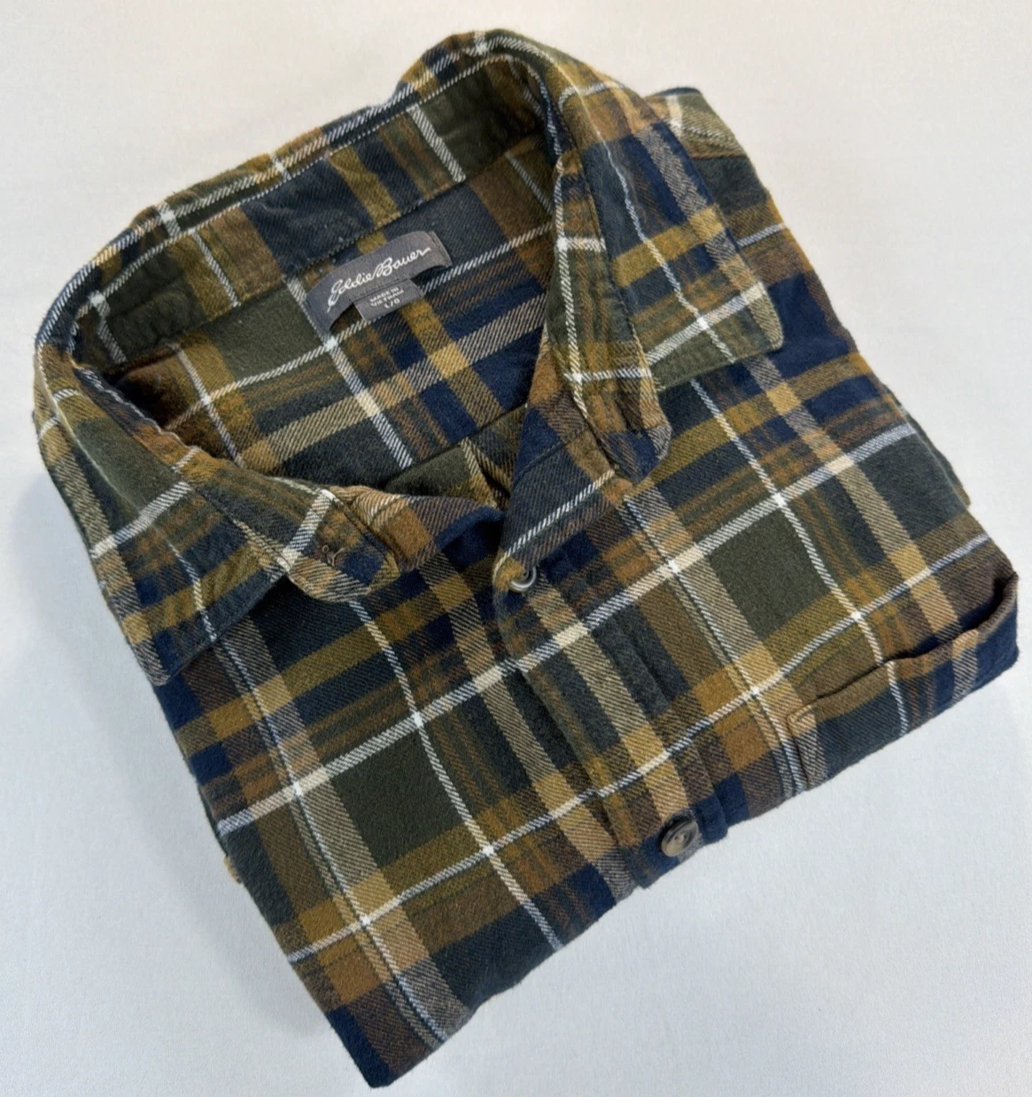 Eddie Bauer Flannel Shirt Men's Large Green Yellow Plaid Button Up Cotton