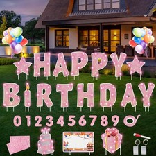 18 Pcs Happy Birthday Yard Sign with 32.8 ft Led Light, 16  Large Size Happy Bir