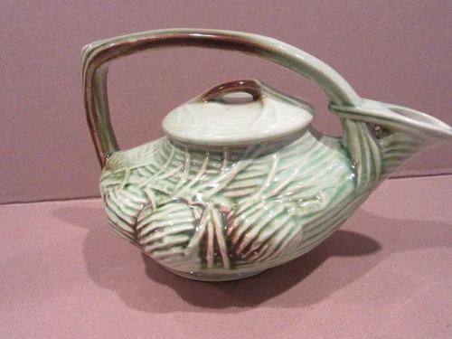 Vtg McCoy Pottery Teapot Woodland Pine Cone Ohio 1940s Green & Brown