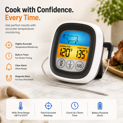 Digitales Fleischthermometer 300°C Küche Backofen BBQ Grill Temperaturfühler Timer