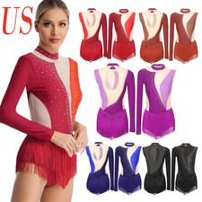 Women Dancewear Performance Bodysuit Leotard Dance Costume Skating Tassel
