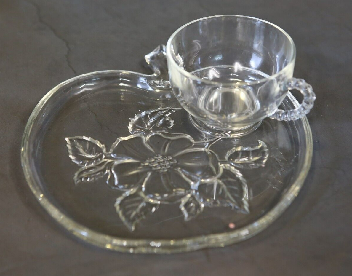 Vintage Hazel Atlas Apple Shaped Flower Clear Glass Snack Plates