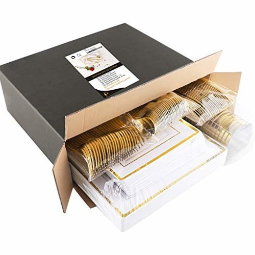 White/Gold Square Plates, Gold Plastic Silverware with Disposable Cups 150 Pcs - Picture 6 of 6