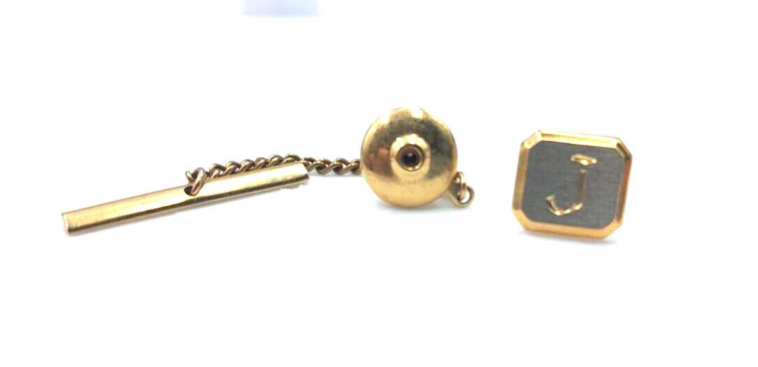 Vintage Gold Tone Initial "J" Engraved Tie Tack Chain Tie Bar eBay
