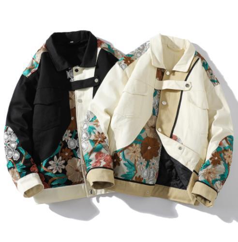 Men's Retro Splicing Embroidery Vintage Jacket Lapel Button Thicken Oversize New