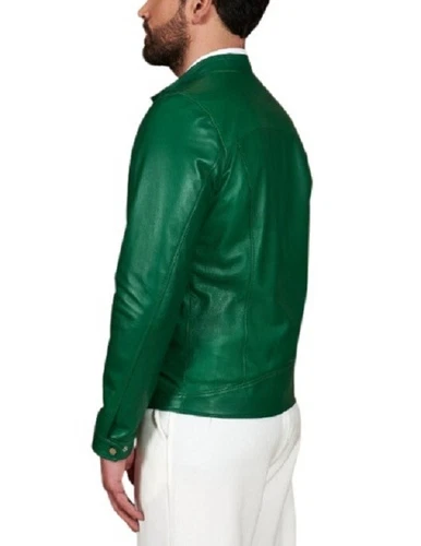 Leather Jacket Men's Vintage Biker Motorcycle Bomber Men Racer Soft Zip Green 3 image 3