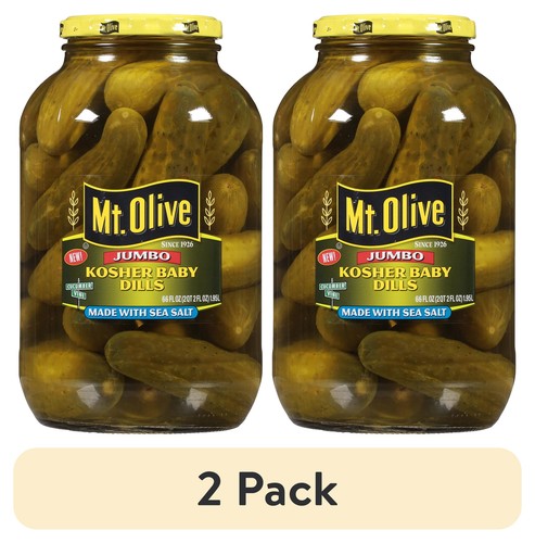 (2 pack) Mt. Olive Jumbo Kosher Baby Dills made with Sea Salt, 66 fl oz Jar