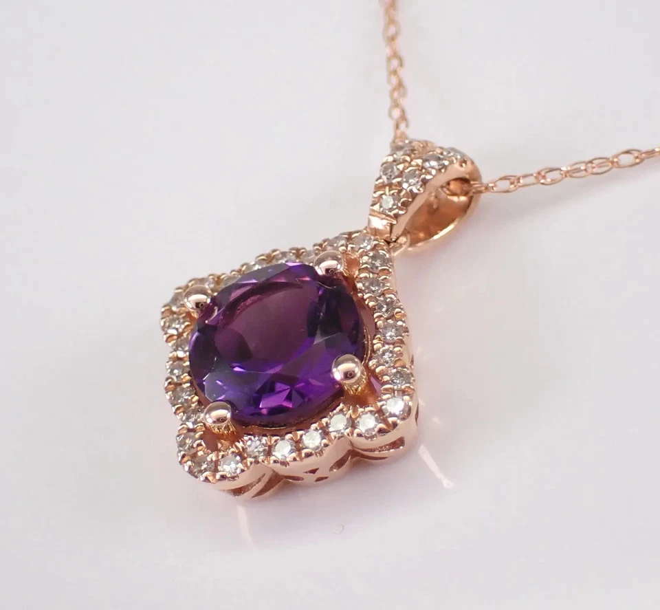 2Ct Round Cut Lab-Created Amethyst Halo Pendant 14K Rose Gold Plated 18" Chain - Image 3 of 4