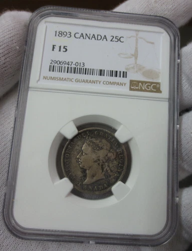 1893 Canada Quarter NGC F15 (Better Date / Low Mintage 100K) (POP: 5, only 9 Hig