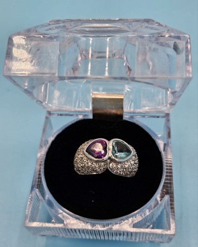 925 Silver Lab Created Purple and Green stone Heart Ring Size 6 in Box Thailand - Picture 2 of 16