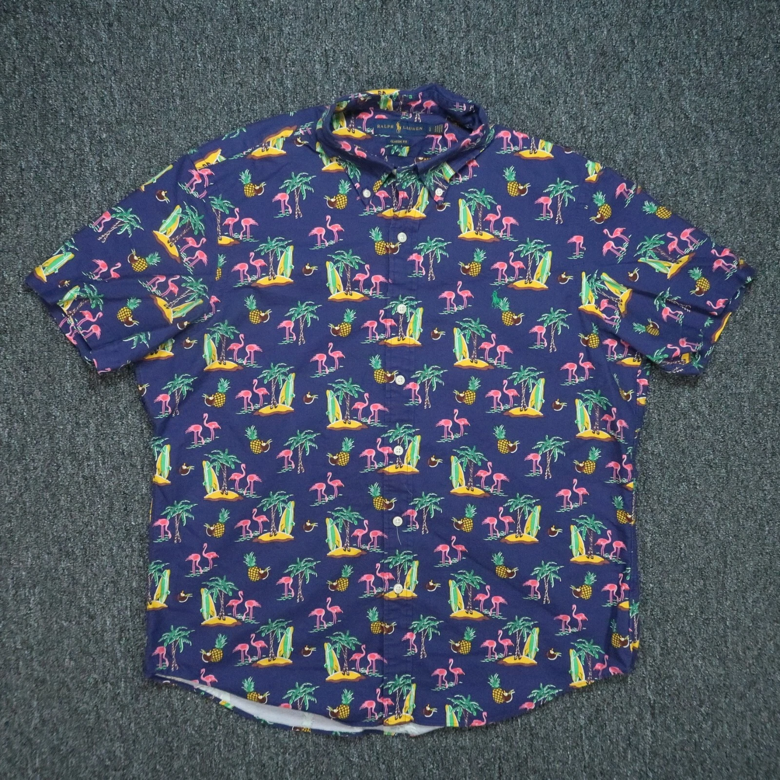 Ralph Lauren Shirt Men Large Blue Classic Fit Flamingo Beach Colorful SS