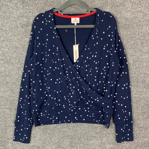 NEW Sundry Sweater Women Long Sleeve Sewn Crossover V-Neck Star Print Navy Sz 1