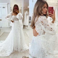 Boho Full Lace Wedding Dresses Scoop Neck Long Sleeves Lace Applique Bridal Gown
