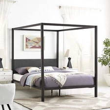Rustic Cottage Brown Gray Queen Metal Canopy Bed Frame w/ Upholstered Headboard